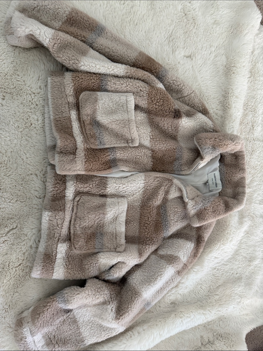 Striped Plush Faux Fur Kids Jacket in Beige and Cream
